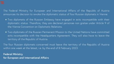 Avstrija pokazala vrata štirim ruskim diplomatom zaradi vohunjenja