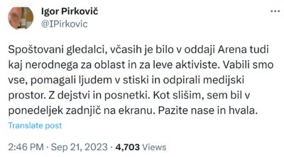 Pirkovič: Slišim, da sem bil zadnjič na ekranu